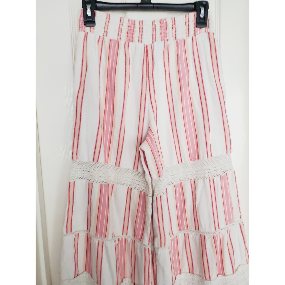 Angie Wide Leg Smocked Trousers Pink White Striped Boho Crochet Tiered Cotton M - Picture 6 of 11